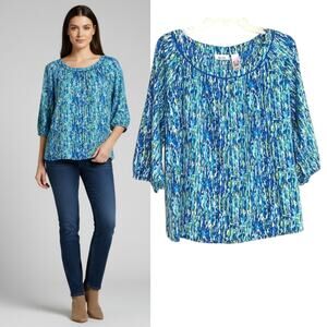 Liz & Co Boatneck Top Women's Size XL Blue Green Print 3/4 Sleeve Cotton Popover